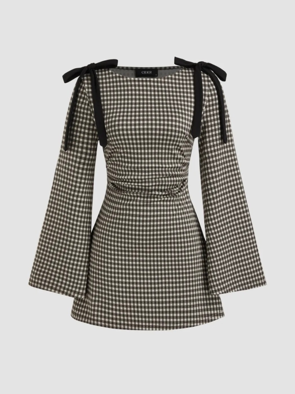 Cider Black & White Gingham Long-Sleeve Tie-Shoulder A-Line Dress